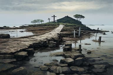 A quiet island cemetery off Cabuya at low tide: an exposed wet rock causeway leads across pulled-back sea to a small tree-covered burial island dotted with crosses under an overcast sky.