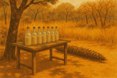 A painterly warm-gold dry-season scene in Guanacaste: a rustic wooden table set in the shade of a tree beside a dirt road, holding a row of clear bottles filled with cloudy pale coyol wine, while a felled spiny coyol palm trunk lies along the ground to the right, dry golden grass and dry forest stretching into the distance under a hazy amber sky.