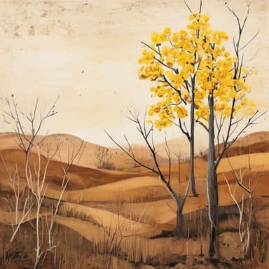 A painterly tropical dry forest in the Costa Rican dry season — bare, silvery branches against brown hills, with a single tree crowned in brilliant yellow blossom.
