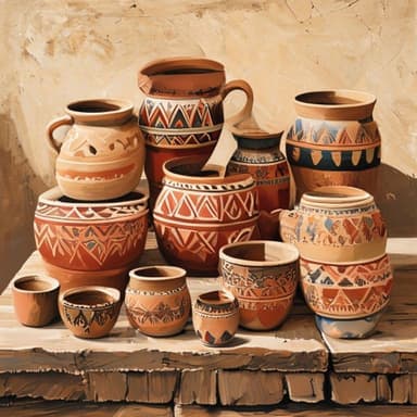 Painterly still-life of traditional Chorotega clay pottery from Guaitil.
