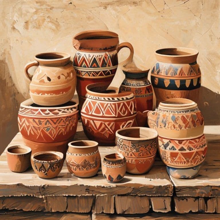 Painterly still-life of traditional Chorotega clay pottery from Guaitil.