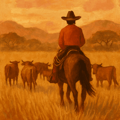 A painterly dawn over the vast dry-season savanna of Guanacaste — a lone sabanero on horseback, seen from a distance in silhouette, driving a scatter of cattle across golden grassland toward a line of distant hills, dust catching the low early light.