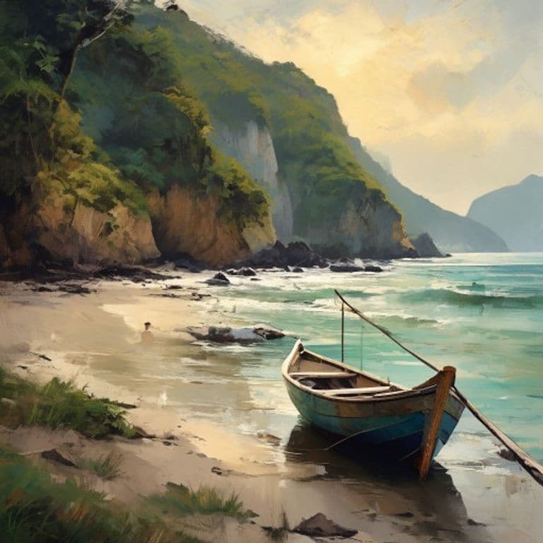 A painterly Pacific cove at golden hour — a small wooden fishing boat pulled up on a white-sand beach below steep jungle hills, a surfer's silhouette out on the break beyond, warm earthy light over the water.