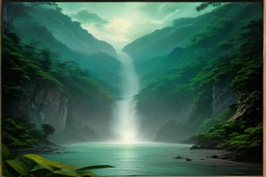 A painterly jungle waterfall plunging down a forested hillside into a turquoise pool at the edge of a small Pacific coastal town, warm golden light.