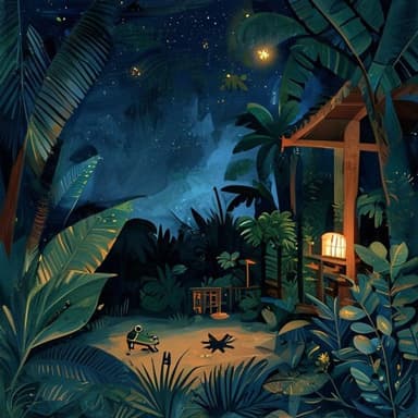 A painterly night at the edge of a Costa Rican jungle — a warm lit porch, a small frog on a broad leaf, fireflies under a starry sky.