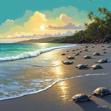 A painterly dusk on a dark volcanic-sand beach in Guanacaste, thousands of olive ridley sea turtles hauling ashore through the surf under a low amber-and-teal sky, their wet shells catching the last warm light, foam and wet sand glowing, a wide horizon of ocean behind.