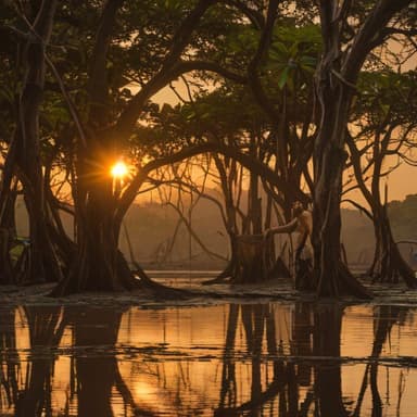 A painterly early-morning scene in a Gulf of Nicoya mangrove: a woman waist-deep in dark, glossy mud among the tangled red arches of Rhizophora roots, reaching into the mud with one hand, a woven basket at her hip, warm low gold light breaking through the mangrove canopy, herons in the middle distance, the water channel behind her catching a soft amber reflection.