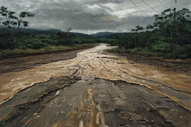 A swollen brown-water river flooding across a dirt-road ford in the green season, lush wet dry-forest banks and moody grey rain clouds overhead.