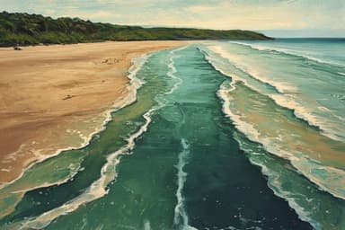 A Pacific Nicoya beach with a visible rip current: a darker calm channel cuts straight seaward through the surf, white waves breaking on either side of the lane, golden sand and forested headland.