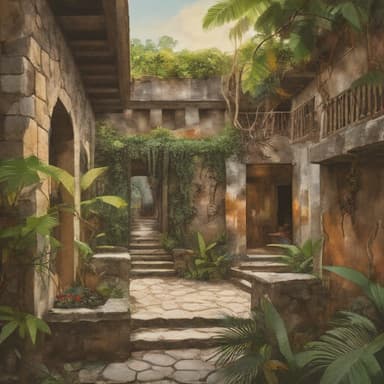 A painterly dusk over a jungle island in the Gulf of Nicoya — the roofless coral-stone ruin of an old prison, its cell blocks softened by vines and strangler figs, a white-tailed deer stepping through the empty courtyard, howler monkeys in the canopy, the calm Pacific and mainland hills behind under a low amber-and-teal sky.