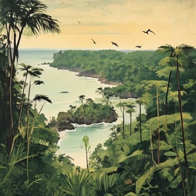 A painterly illustration of the forested southern tip of the Nicoya Peninsula meeting the sea at Cabo Blanco.