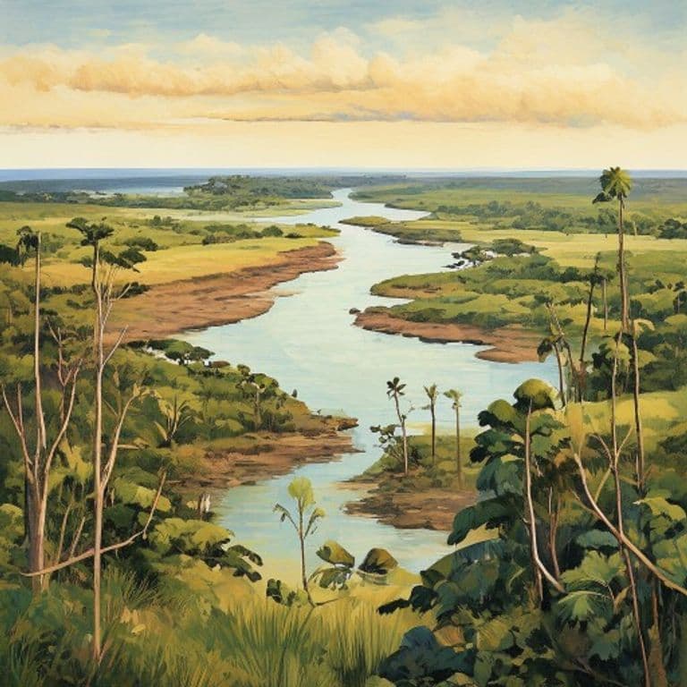 A painterly editorial illustration of the Curú Wildlife Refuge — dry forest meeting a mangrove channel and the Pacific coast on the southern Nicoya Peninsula.