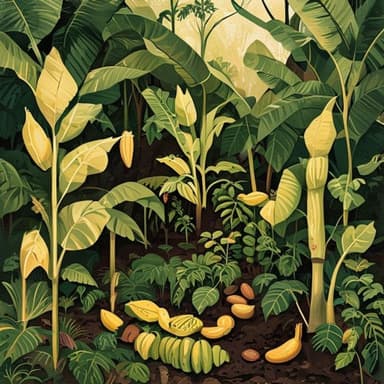An illustration of a layered permaculture garden — corn, beans, and squash growing together.