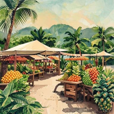 A painterly editorial illustration of a Saturday organic farmers market on the southern Nicoya coast, with stalls of tropical fruit and vegetables.