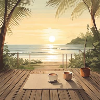 An illustration of a quiet wooden deck under palms at golden hour, with a yoga mat and a cup of cacao.