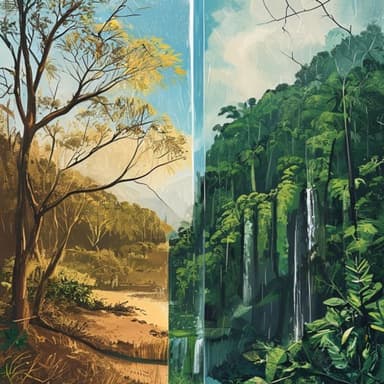 An illustration of a southern Nicoya landscape split between the dry, tawny season and the green, rainy season.
