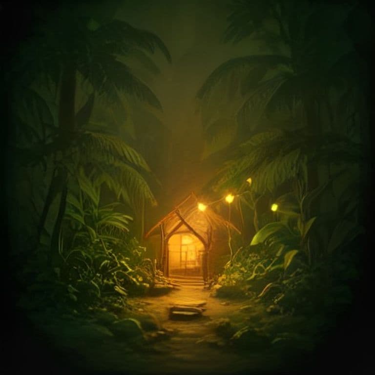 A painterly illustration of a small wooden jungle dwelling glowing with warm lamplight at dusk, nestled deep in a Costa Rican rainforest canopy, earthy ochre and deep green tones, no figures.