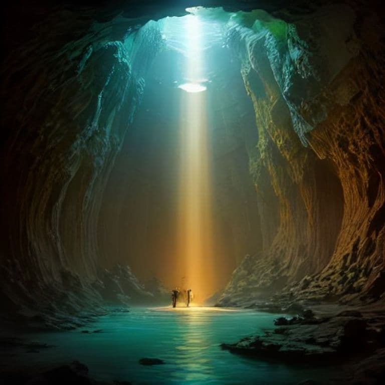 A painterly limestone cavern lit by a single shaft of daylight falling from an opening high above — a small lone figure stands far below on the chamber floor, warm amber and teal light glowing off the ancient reef-textured walls, stalactites in the dark.