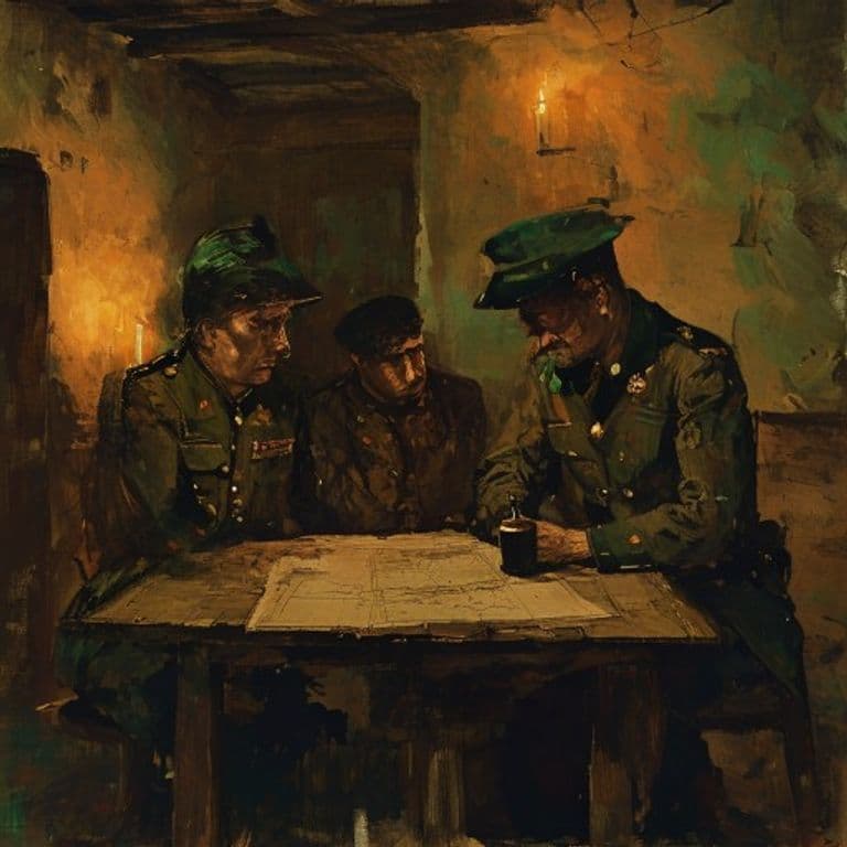 A painterly, lamplit scene of 19th-century military officers gathered around a table studying a map — evoking the 1858 Cañas–Jerez border negotiation.