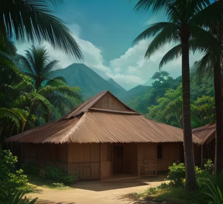 A painterly illustration of a small pastel casita among palms with a green mountain ridge behind it under a warm Guanacaste sky, earthy ochre and green tones, no figures.