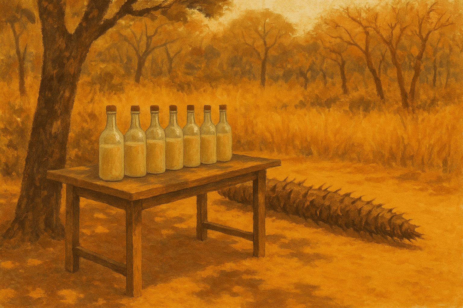 A painterly warm-gold dry-season scene in Guanacaste: a rustic wooden table set in the shade of a tree beside a dirt road, holding a row of clear bottles filled with cloudy pale coyol wine, while a felled spiny coyol palm trunk lies along the ground to the right, dry golden grass and dry forest stretching into the distance under a hazy amber sky.
