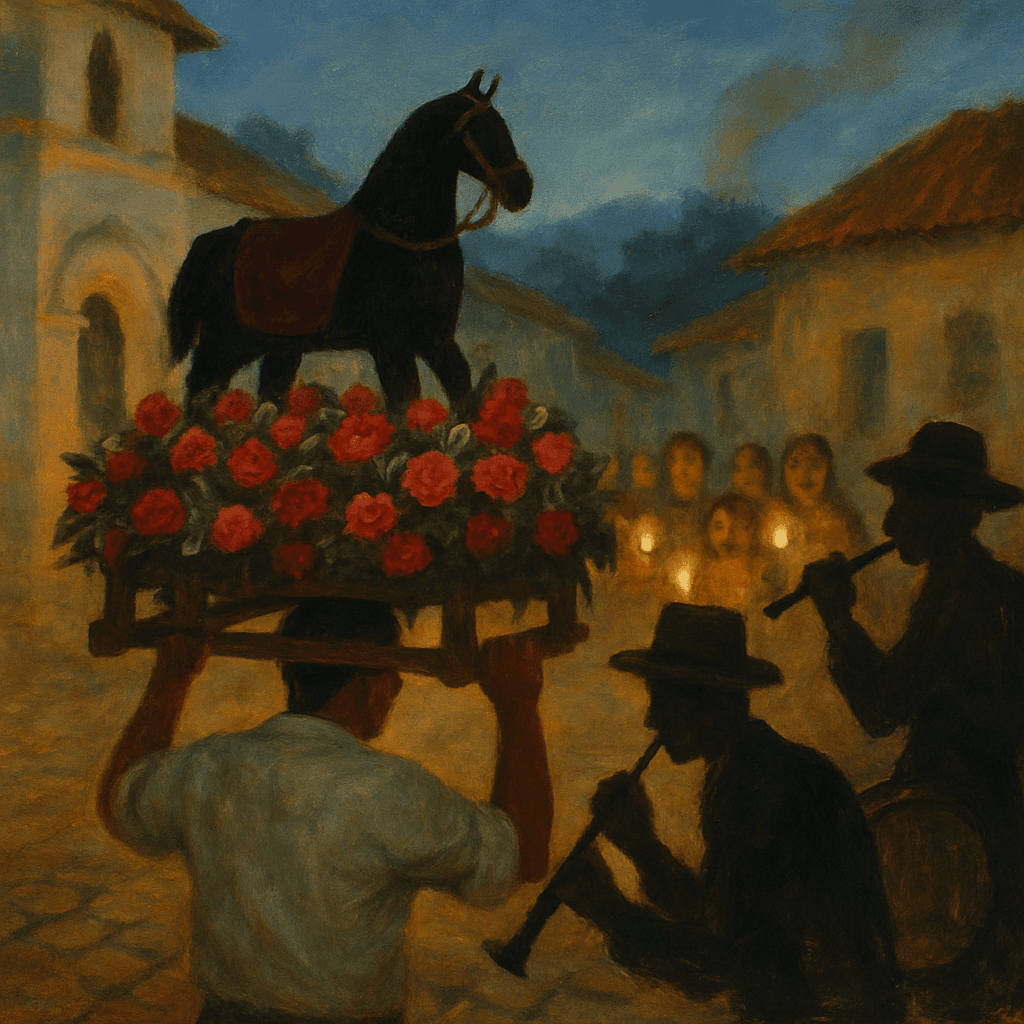 A painterly pre-dawn street in Nicoya, Costa Rica: a small dark cedar-and-cloth mare figure held aloft on a flowered wooden frame, carried by a man in a white shirt through a crowd lit by candles and the first blue light, drummers and a flute player alongside, warm earthy tones, no text.