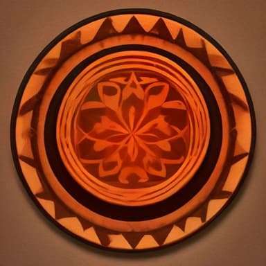 A painterly overhead still-life of a carved jícara gourd bowl (guacal) from Guanacaste, Costa Rica: a round honey-brown vessel incised with a pre-Columbian sun motif — a sawtooth border ring and a central carved floral pattern — glowing in warm terracotta and amber tones on an earthy background, no text.