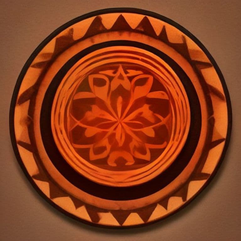 A painterly overhead still-life of a carved jícara gourd bowl (guacal) from Guanacaste, Costa Rica: a round honey-brown vessel incised with a pre-Columbian sun motif — a sawtooth border ring and a central carved floral pattern — glowing in warm terracotta and amber tones on an earthy background, no text.