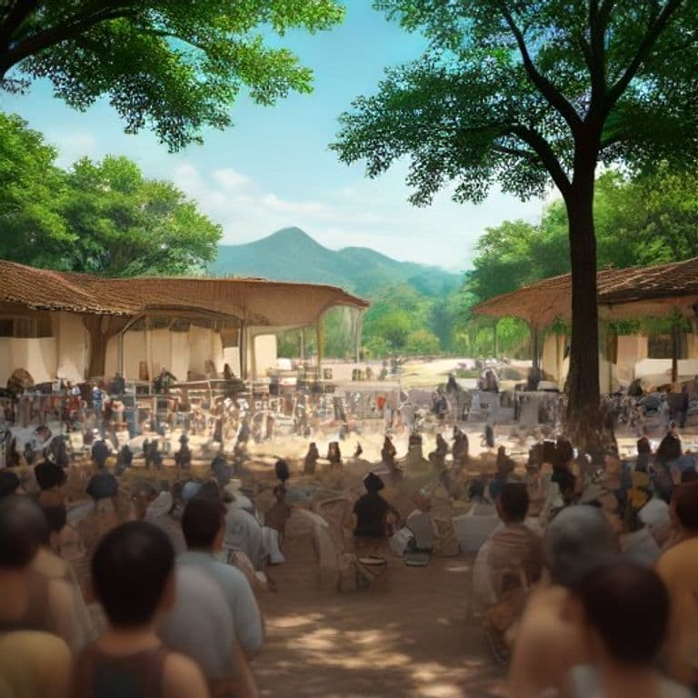 A painterly Guanacaste plaza in Santa Cruz, Costa Rica at golden hour: a warm, distant gathering of people under the trees in the late-afternoon light, terracotta and amber tones, evoking an evening fiesta, no text.