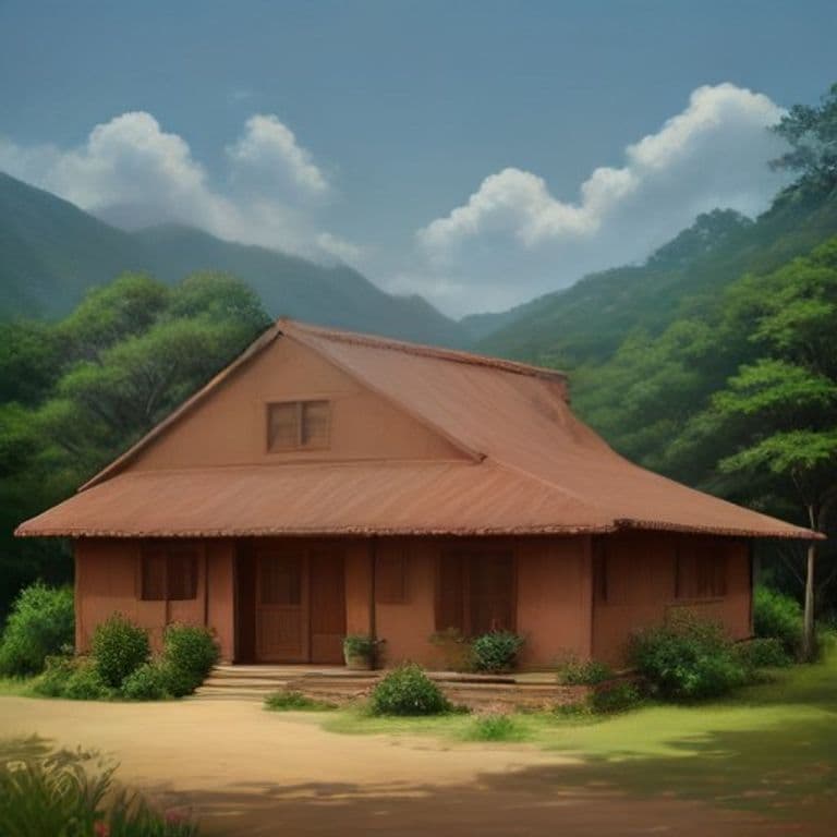 A painterly scene of a small pitched-roof earthen house on a dry Nicoya hillside in warm daylight: thick clay-and-straw walls and a bamboo-framed porch under a hard roof, dry-forest hills behind, no text.