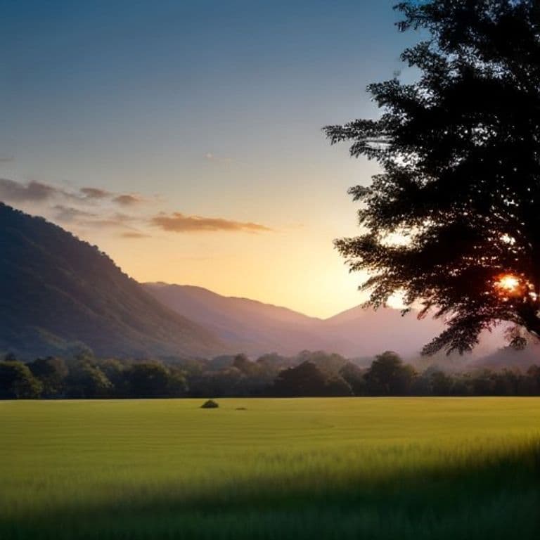 A painterly golden-hour landscape of restored Nicoya pastureland: young native trees and returning green across gently rolling dry-forest hills under warm amber light, no text.