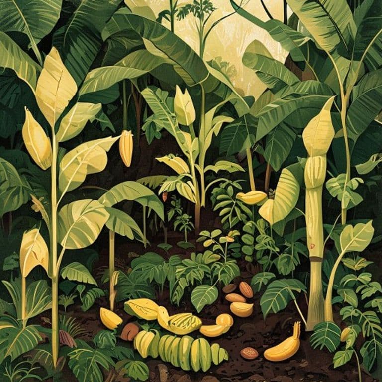 An illustration of a layered permaculture garden — corn, beans, and squash growing together.